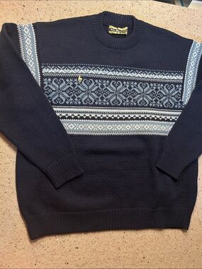 Kitz Pichler Vintage Wool Navy Fair Isle Crewneck Sweater XL 54 Unisex